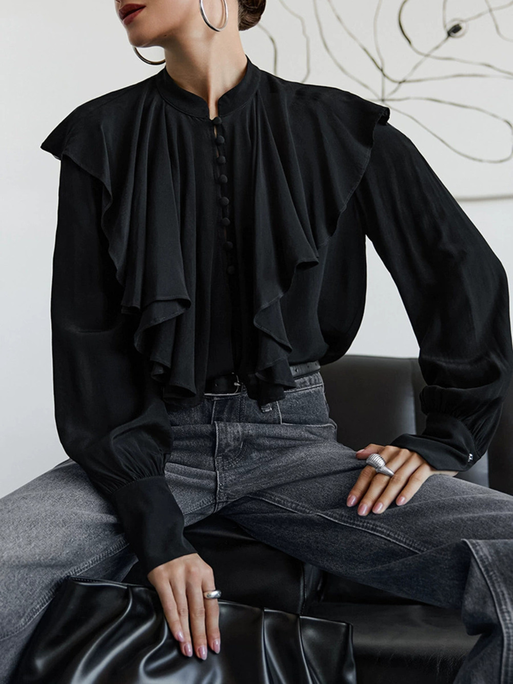 Forever 21 Royal Loose Draped Ruffle Blouse Black Stand Collar Chiffon